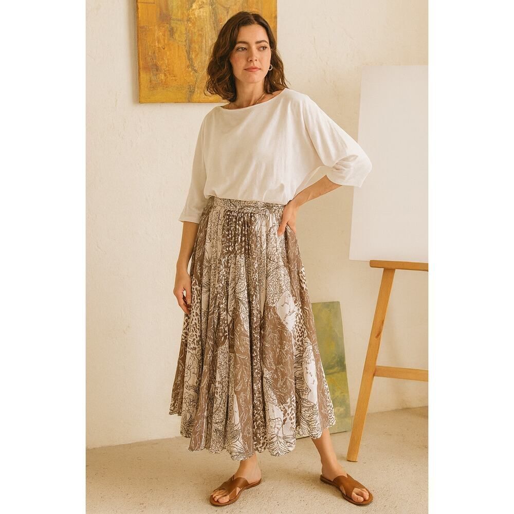 Madison Size M Brown Floral Boho Maxi Skirt 100% Cotton Artsy Cottagecore Comfy